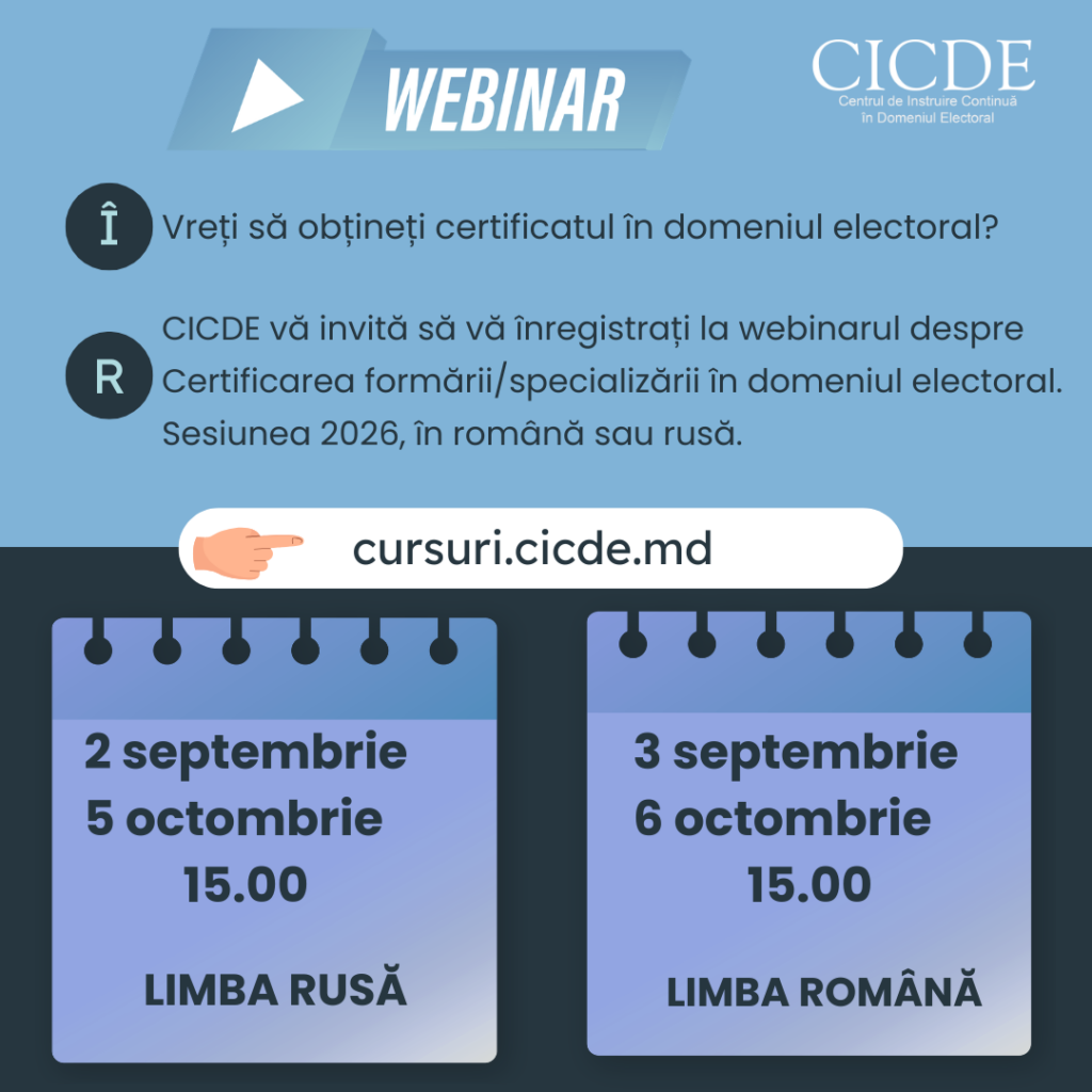 CICDE organizează 4 webinare de certificării în domeniul ELECTORAL